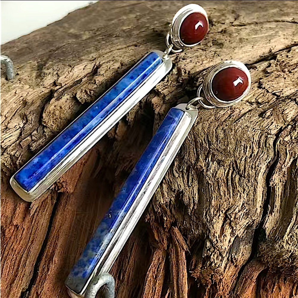 Handmade Silver Red Agate Lapis Lazuli Vintage Boho Long Vertical Earrings